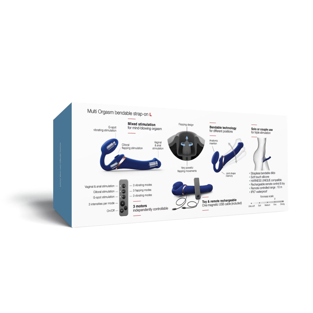 Синий безремневой страпон Multi Orgasm Bendable Strap-On size L с клиторальной стимуляцией (Цвет: синий)