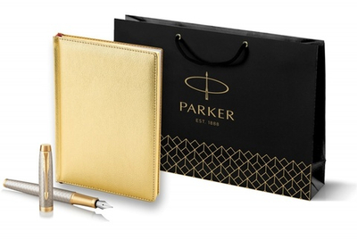 Подарочный набор Parker: ежедневник, ручка перьевая Parker IM Premium Warm Silver Grey GT, цвет чернил синий