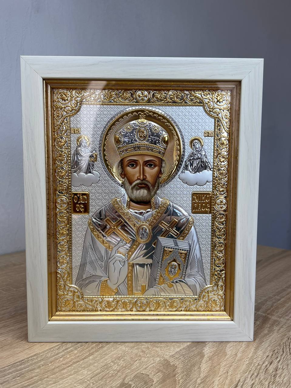 Николай Чудотворец, икона прямоугольная в рамке под стеклом, белое дерево 232х280