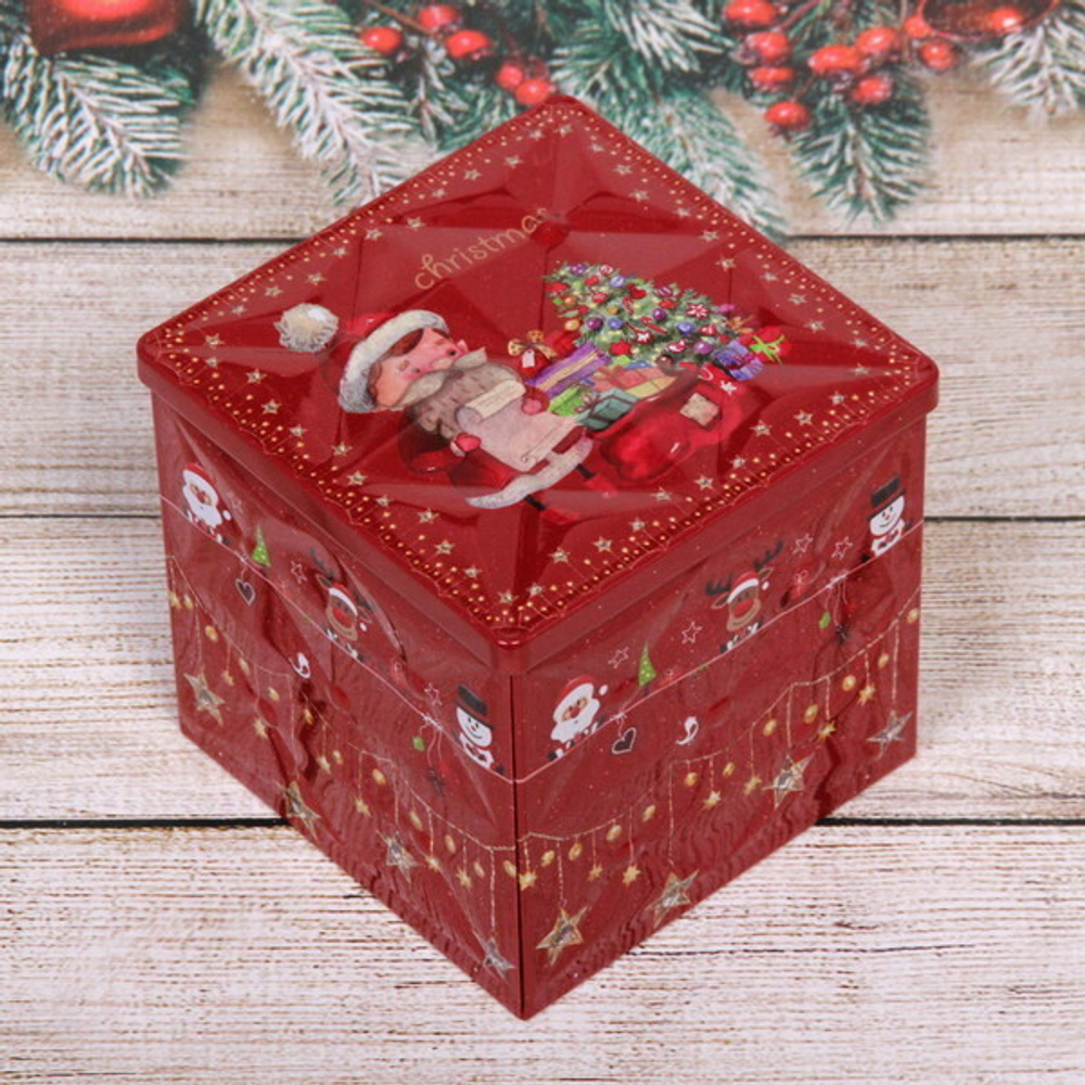 Банка жестяная 9*9*9см «Санта у ёлки»