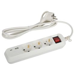 Удлинитель электрический ЭРА UB-3es-1,5m-USB c заземлением с выключателем 3 розетки + 1xUSBA+1xUSBC 1,5м 10А | Бытовые удлинители