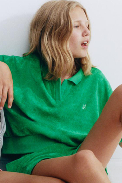 ZARA КОМПЛЕКТ ИЗ ПОЛО И ШОРТОВ ИЗ МАХРОВОЙ ТКАНИ, ЗЕЛЕНЫЙ