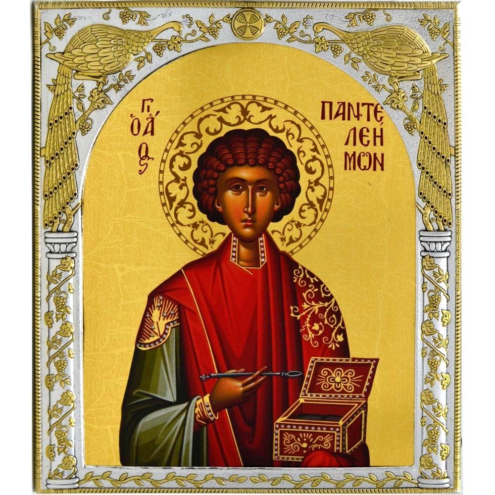 Икона Пантелеймона Целителя в античной серебряной ризе.