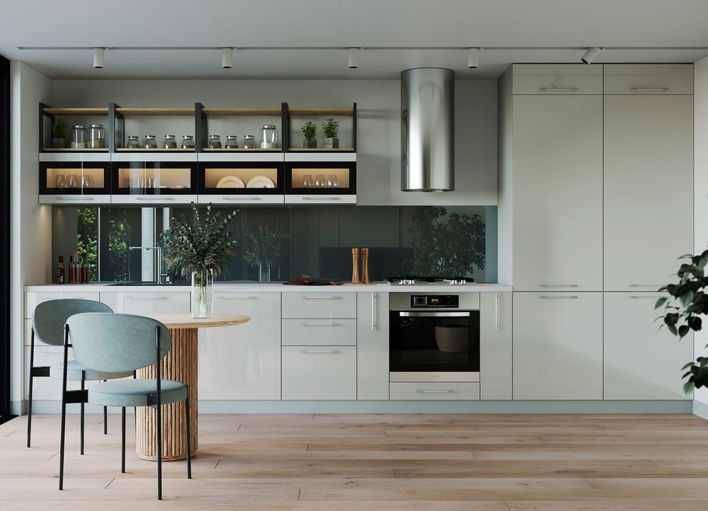 Модульный кухонный гарнитур «Олива» 4400 (жемчуг глянец), ЛДСП, ДСВ Мебель