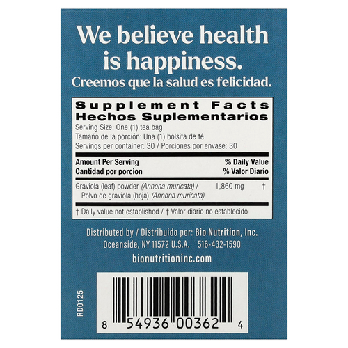 Bio Nutrition, чай гравиола, без кофеина, 30 чайных пакетиков, 56 г (2 унции)
