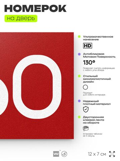 Номер на дверь 860, табличка на дверь для офиса, квартиры, кабинета, аудитории, склада, красная 120х70 мм, Айдентика Технолоджи