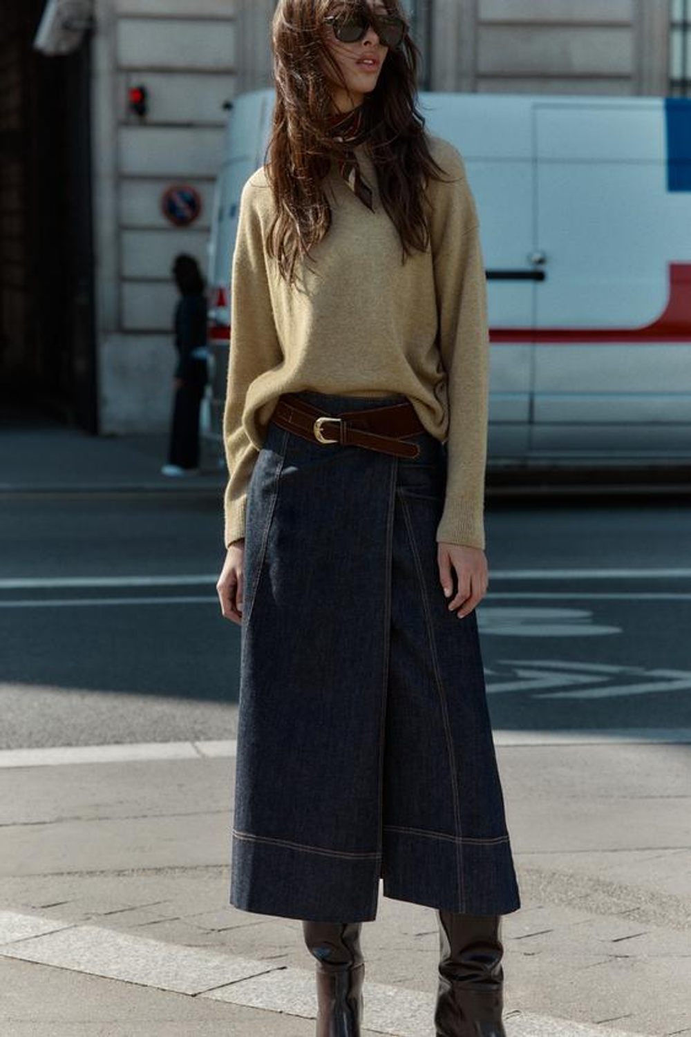 ZARA ЮБКА Z1975 МИДИ ДЕНИМ С ЗАПАХОМ И ПОЯСОМ, СИНИЙ