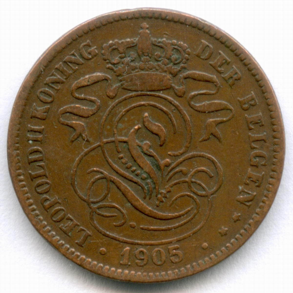 2 сантима 1905 год. Бельгия (Леопольд II). Надпись на голландском - DER BELGEN. Медь, диаметр 21.5 мм. VF-XF