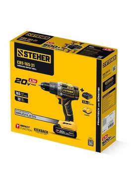 STEHER 20 В, 165 Н·м, 1 АКБ LMS (2 А·ч), бесщеточная ударная дрель-шуруповерт (CBS-165-21)