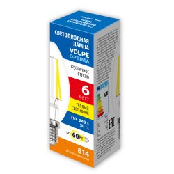 LED-C35-6W-3000K-E14-CL-SLF Лампа светодиодная. Форма свеча. прозрачная. Теплый белый свет 3000K. ТМ Volpe