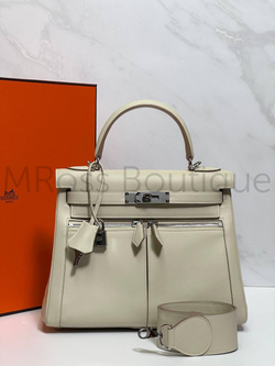 Сумка Hermes Kelly Lakis женская кожаная в светло-бежевом цвете