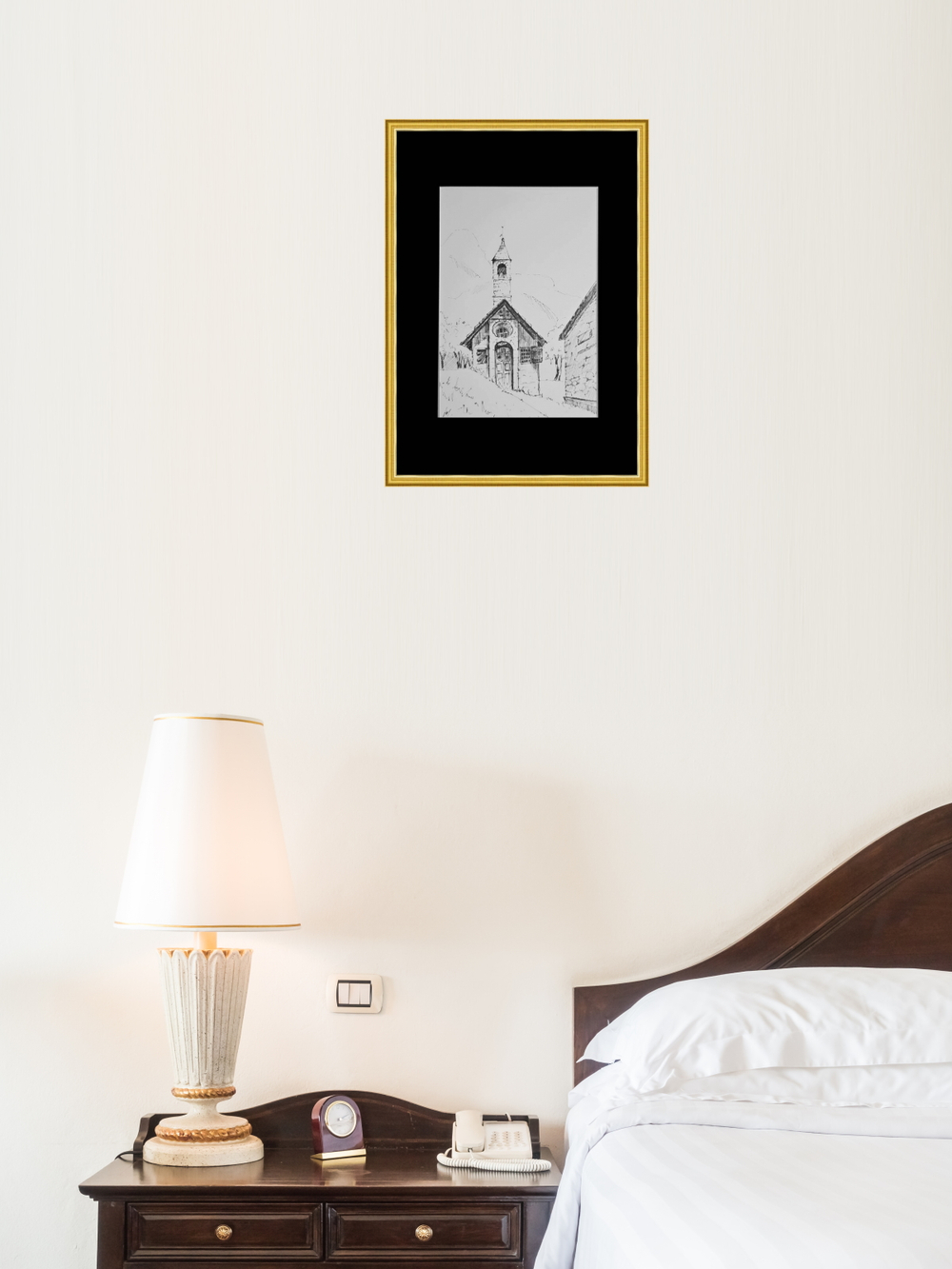 Картина, графика в паспарту 21х30 см на стену для интерьера "Часовня Сен-Жан-Батист-де-ла-Бомет-де-Пеон"