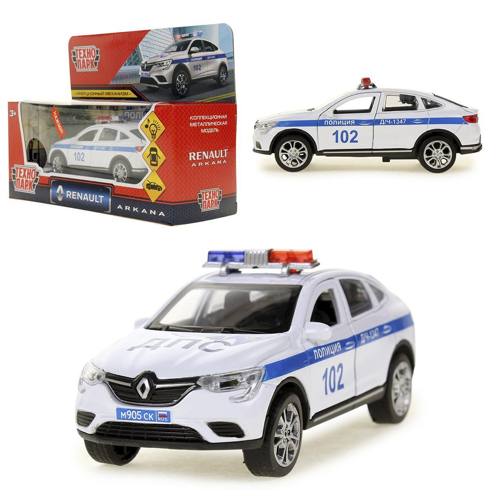 Модель инерционная металл. "Renault Arkana Полиция" 12см. свет-звук, двери, багаж, коробка ARKANA-12