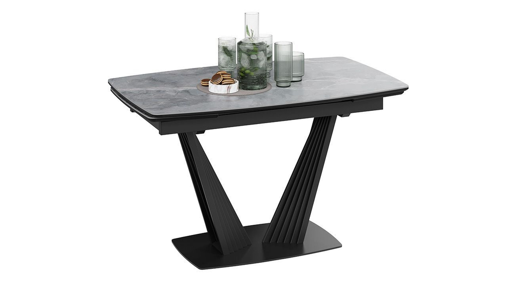 Стол кухонный обеденный раздвижной Черный муар/Керамика матовая серый мрамор 130(190)х80х76 см