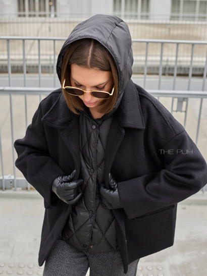 Черное пальто-пиджак с утепленным жилетом