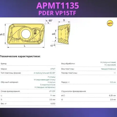 APMT1135 PDER VP15TF пластина для фрезы / 10 штук / твердосплавная фрезерная ANGO-UFA