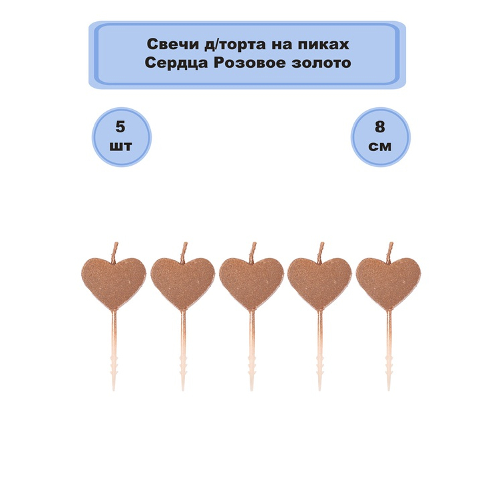 Свечи для торта на пиках Сердца Роз. зол. 5шт