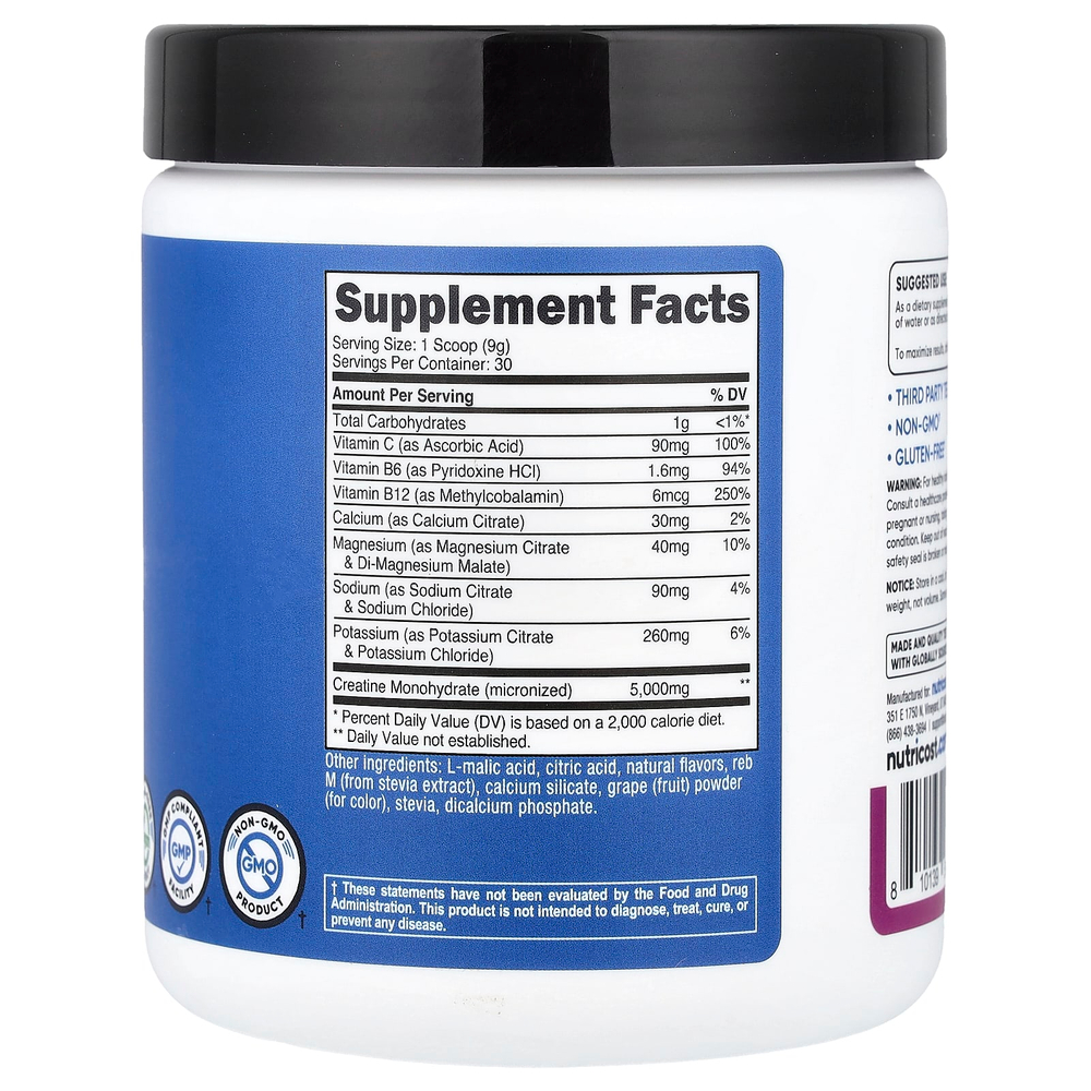 Nutricost, Performance, креатин и увлажнение, со вкусом винограда, 276 г (9,9 унции)