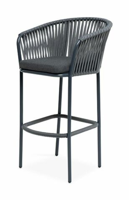 "Бордо" стул барный плетеный из роупа, каркас из стали темно-серый (RAL7024) муар, роуп серый 15мм, ткань темно-серая 027