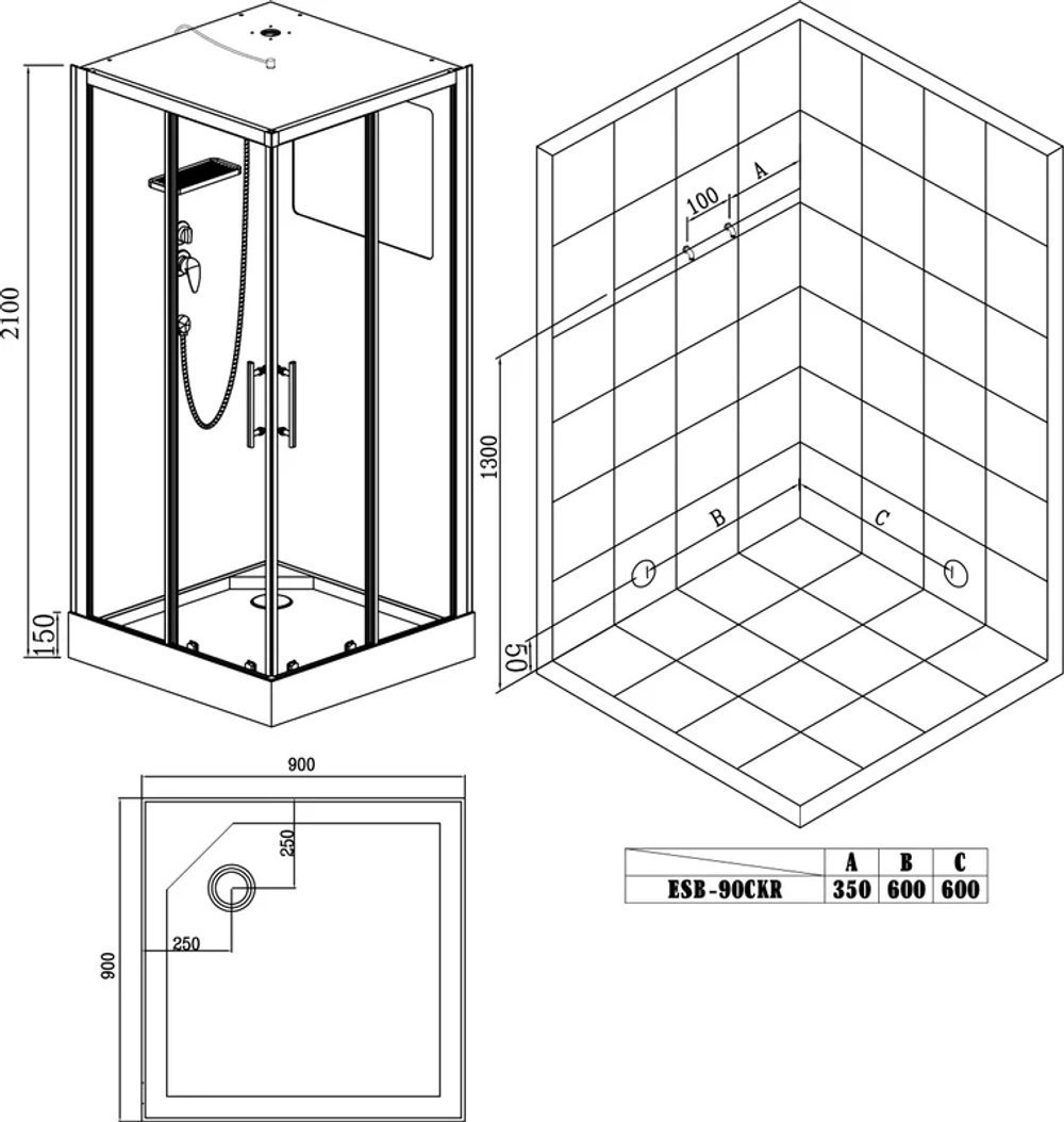 Душевая кабина Esbano (Эсбано) ESB-90CKR, с низким поддоном, 90х90х210