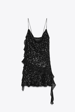 ZARA КОРОТКОЕ ПЛАТЬЕ С ПАЙЕТКАМИ, ЧЕРНЫЙ
