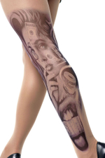 Колготки с принтом-тату в виде девушки с купюрами (Размер: S-M-L) (Цвет: бежевый)