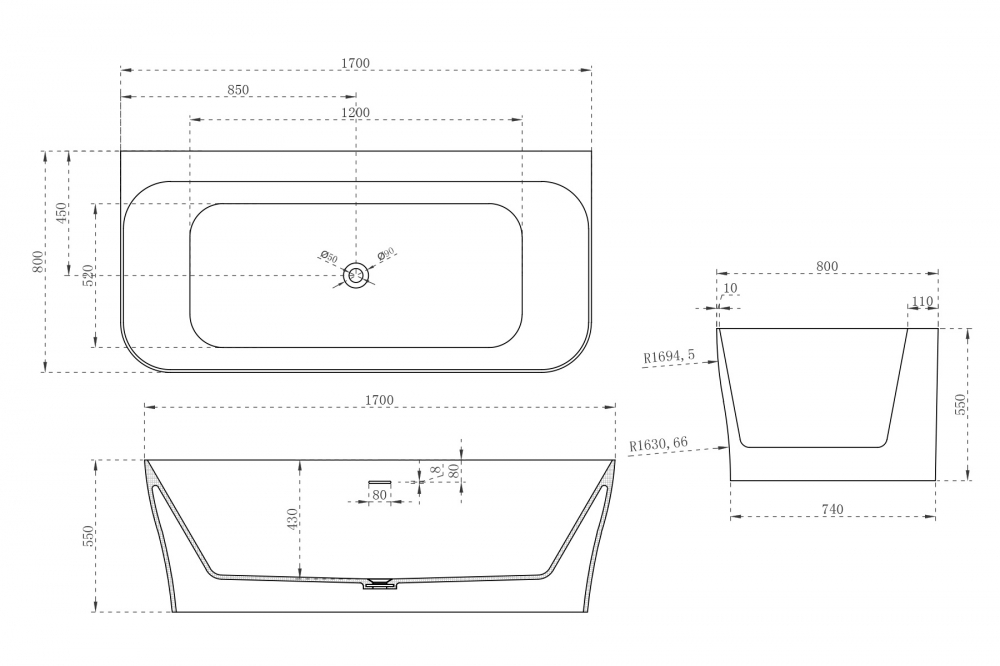 Ванна из искусственного камня ABBER Stein AS9616 белая матовая  170x80 см
