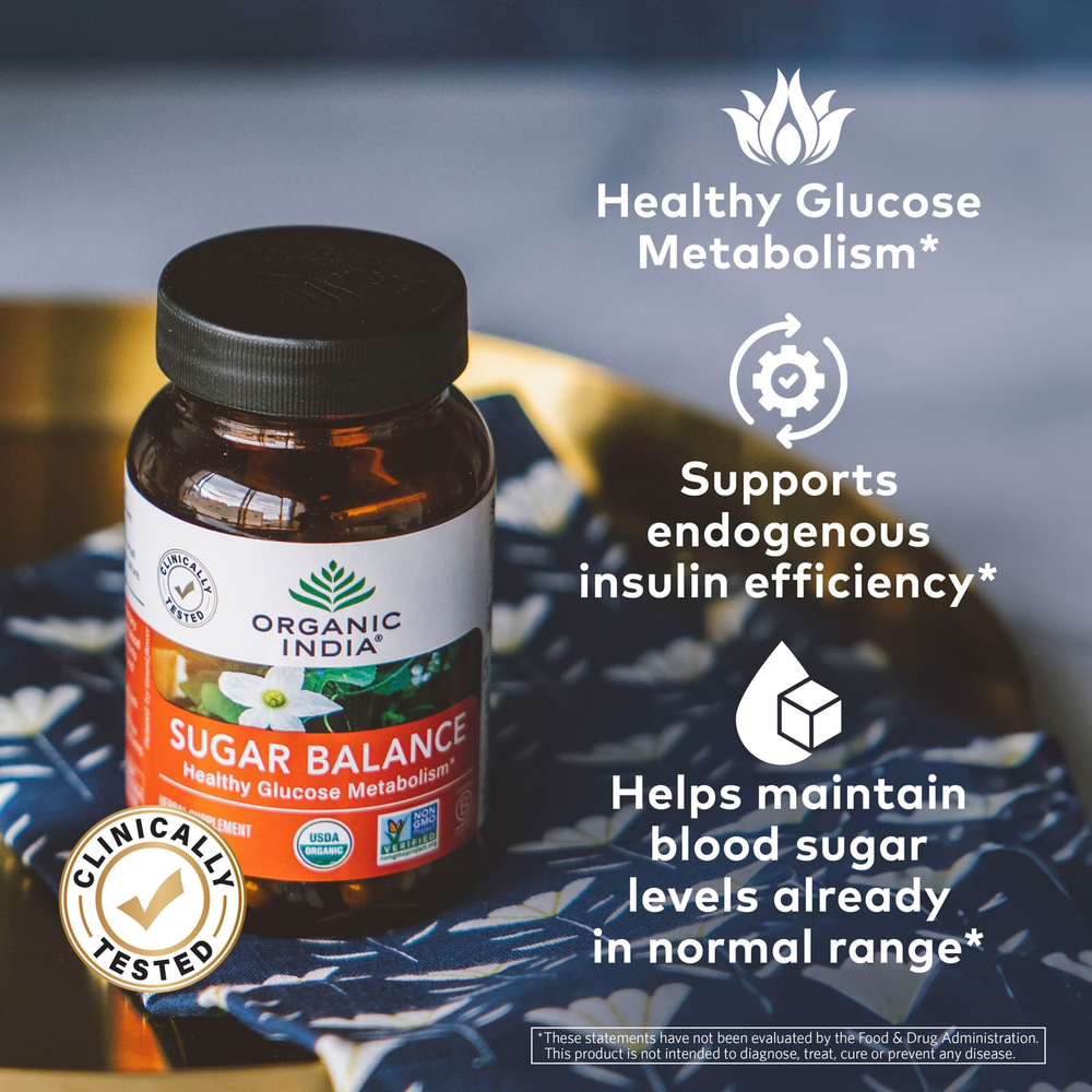 Organic India, Sugar Balance, здоровый метаболизм глюкозы, 90 растительных капсул