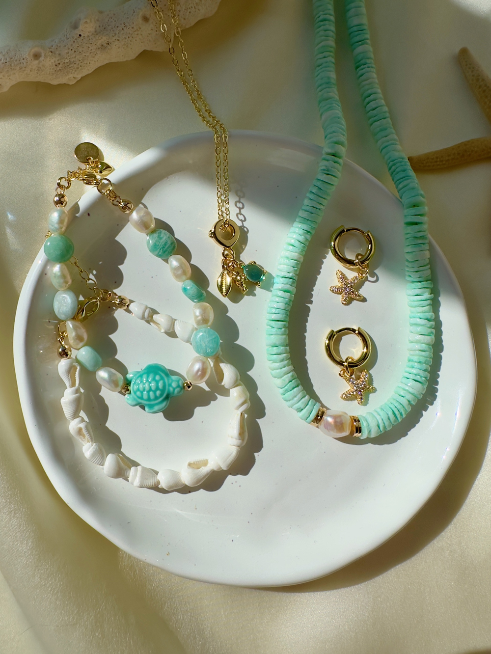 Браслет Черепашка из жемчуга и амазонита