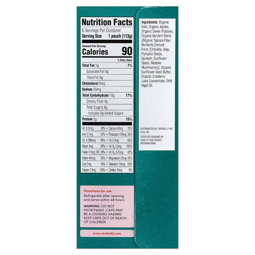 Cerebelly, органическое пюре, для детей от 6 месяцев, кудрявая капуста, батат и яблоко, 6 пакетиков по 113 г (4 унции)