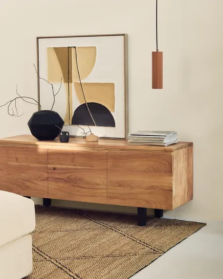 Тумба под телевизор Uxue с 3 дверцами из массива акации с беленой отделкой 150 x 58 см