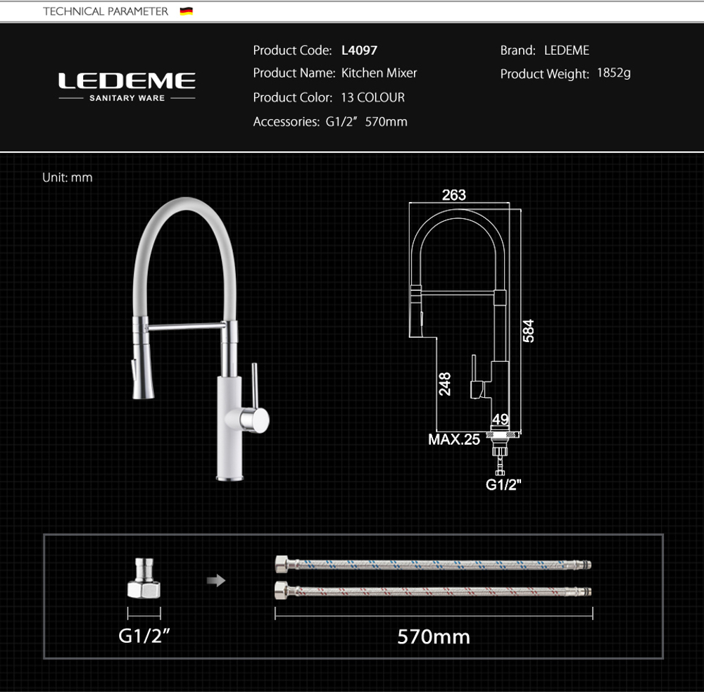 Смеситель LEDEME для кухни, силиконовый излив L4097W-2