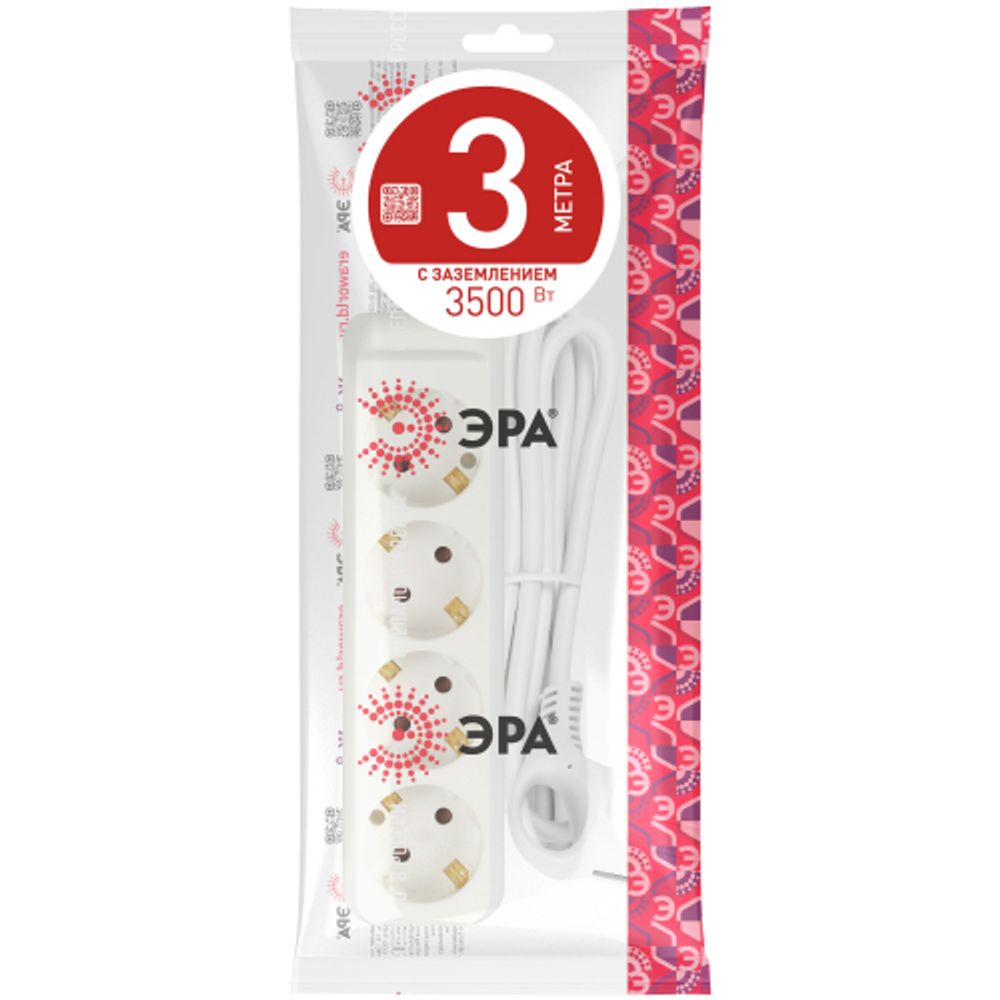 Удлинитель электрический ЭРА U-4e-3m-3x1 с заземлением 4 розетки 3м ПВС 3x1мм2 16А | Бытовые удлинители
