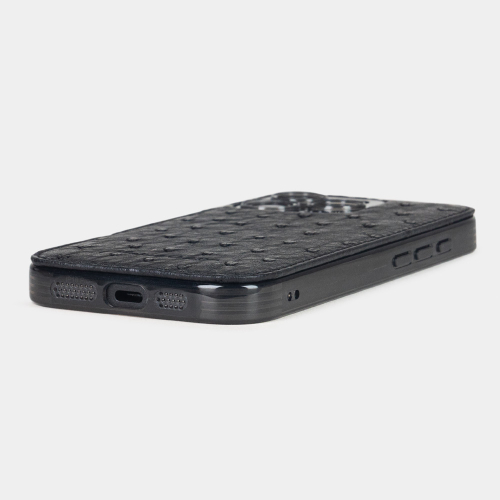 Чехол для iPhone 16 Pro из кожи страуса, черного цвета