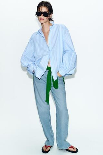 ZARA РУБАШКА В ПОЛОСКУ С ОБЪЕМНЫМИ РУКАВАМИ, ВАСИЛЬКОВЫЙ