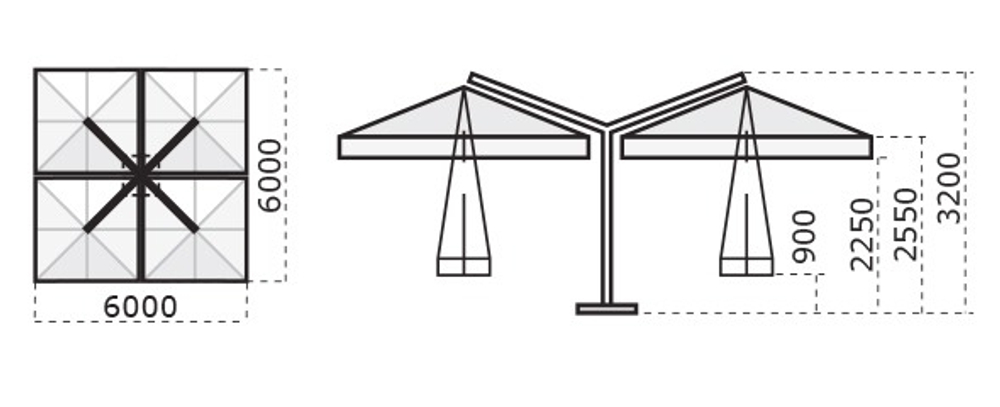 Зонт профессиональный четырехкупольный 6х6 м Scolaro Alu Poker Starwhite, белый, серо-коричневый