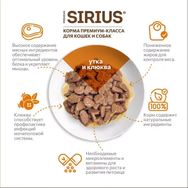 Пауч SIRIUS для кастрированных котов и стерилизованных кошек, утка с клюквой