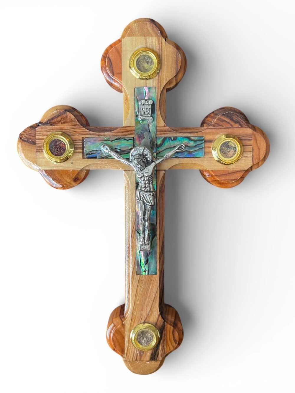 Крест распятие Иерусалимский из оливы с перламутром