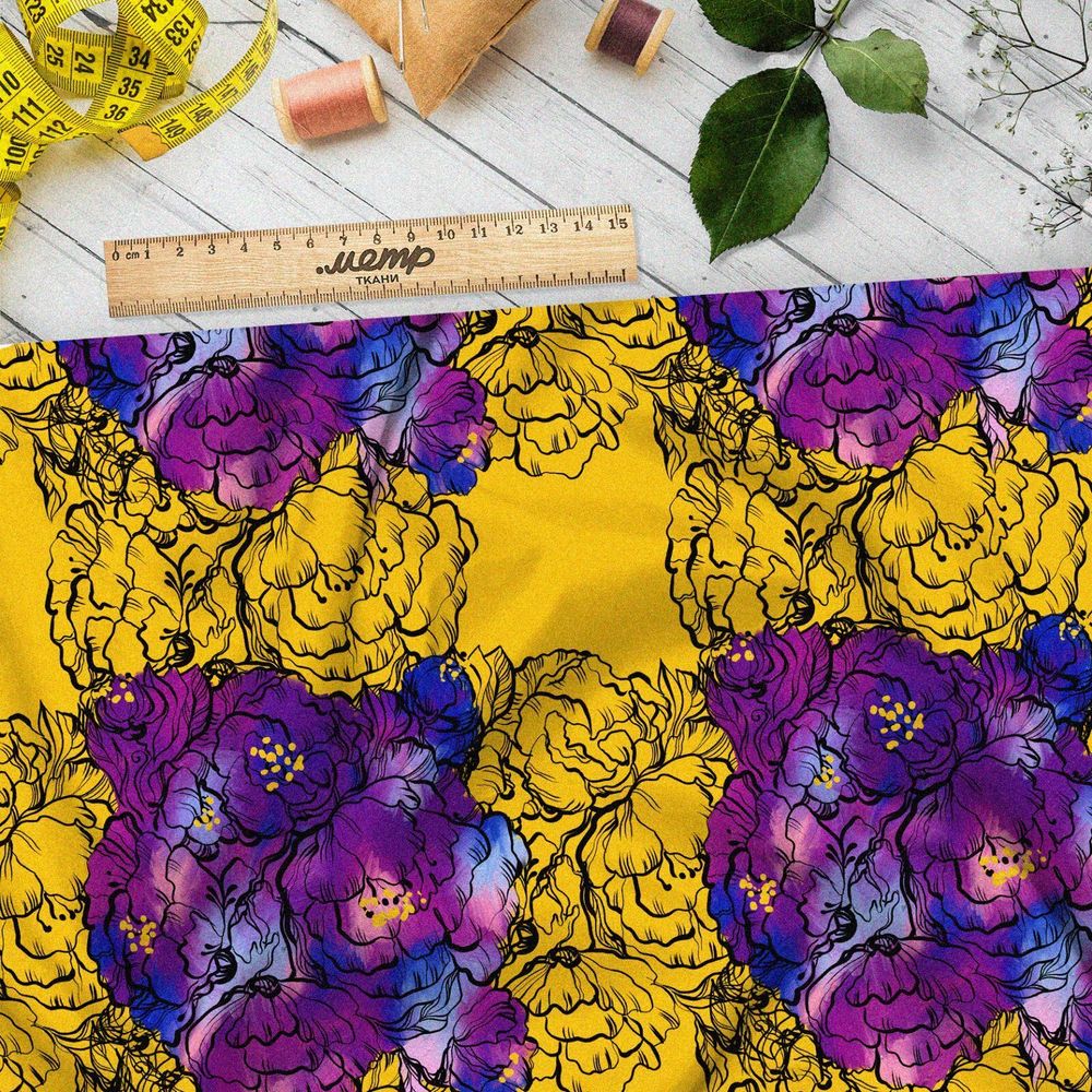 Ткань дюспо сине-фиолетовые цветы на жёлтом