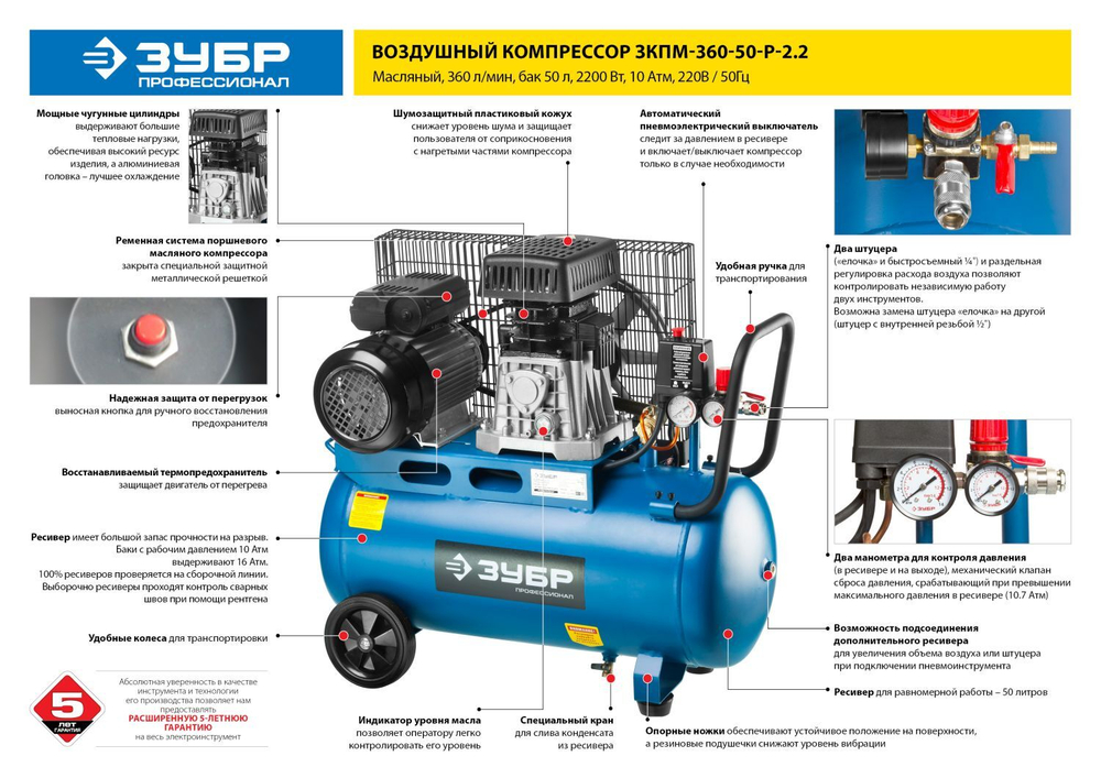 Компрессор воздушный ременной, 360 л/мин, 50 л, 2200 Вт, ЗУБР