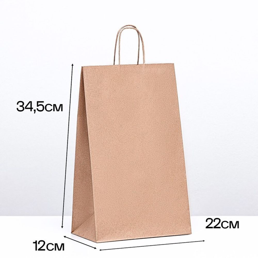 Пакет крафт 90 г/м², круглая ручка 22 х 12 х 34,5 см
