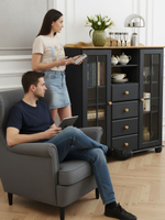 Шкаф витрина 113х32х128, Бритта, стеклянная для посуды, двухдверная, буфет деревянный, массив сосны, с 4 ящиками, серый/антик, Dipriz