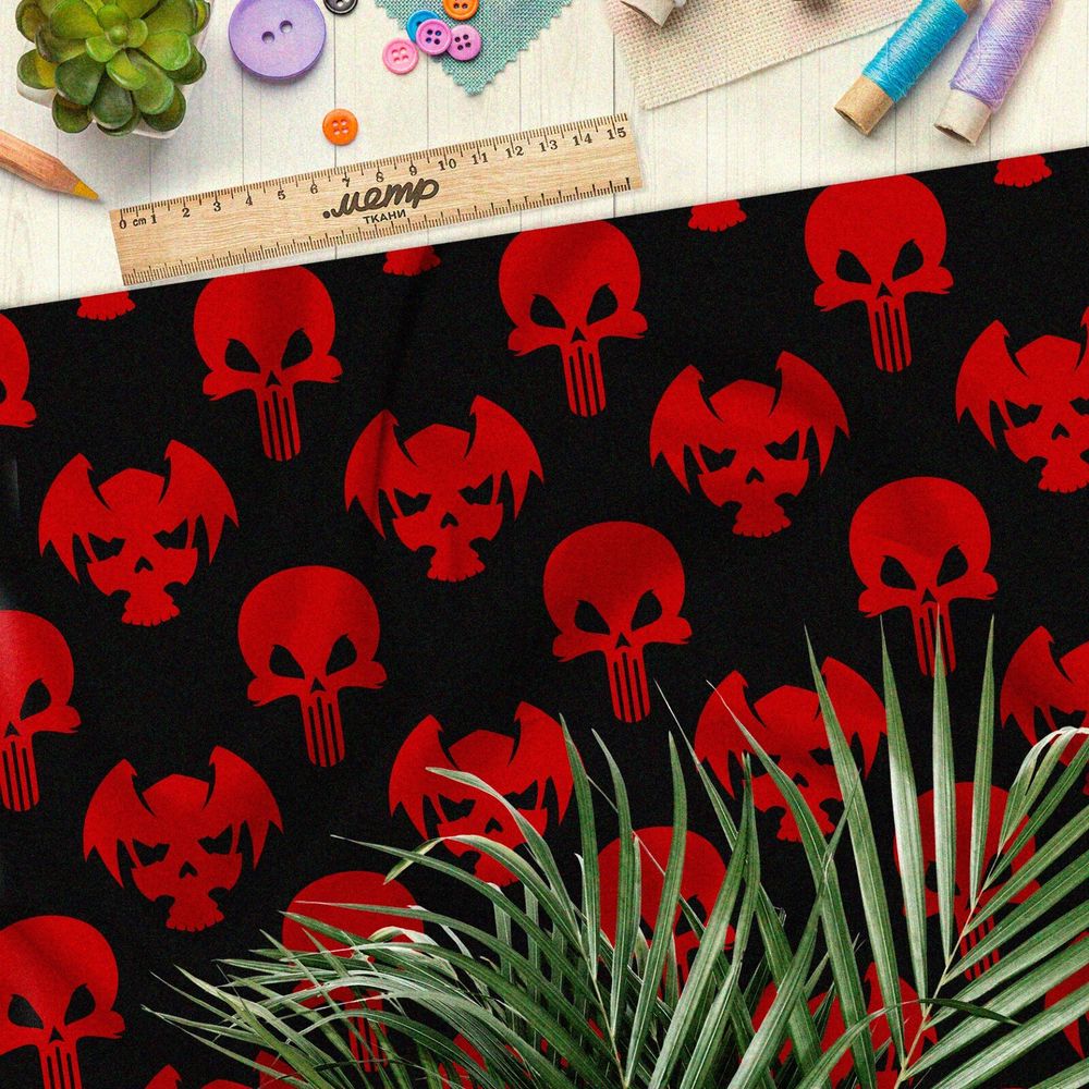 Ткань блэкаут зловещие красные черепа на чёрном фоне