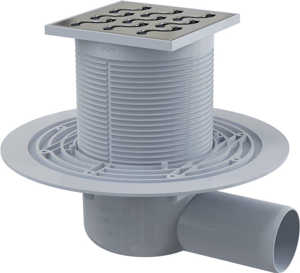 Сливной трап APV102 105 × 105/50, подводка – боковая, решетка из нерж стали, гидрозатвор – мокрый