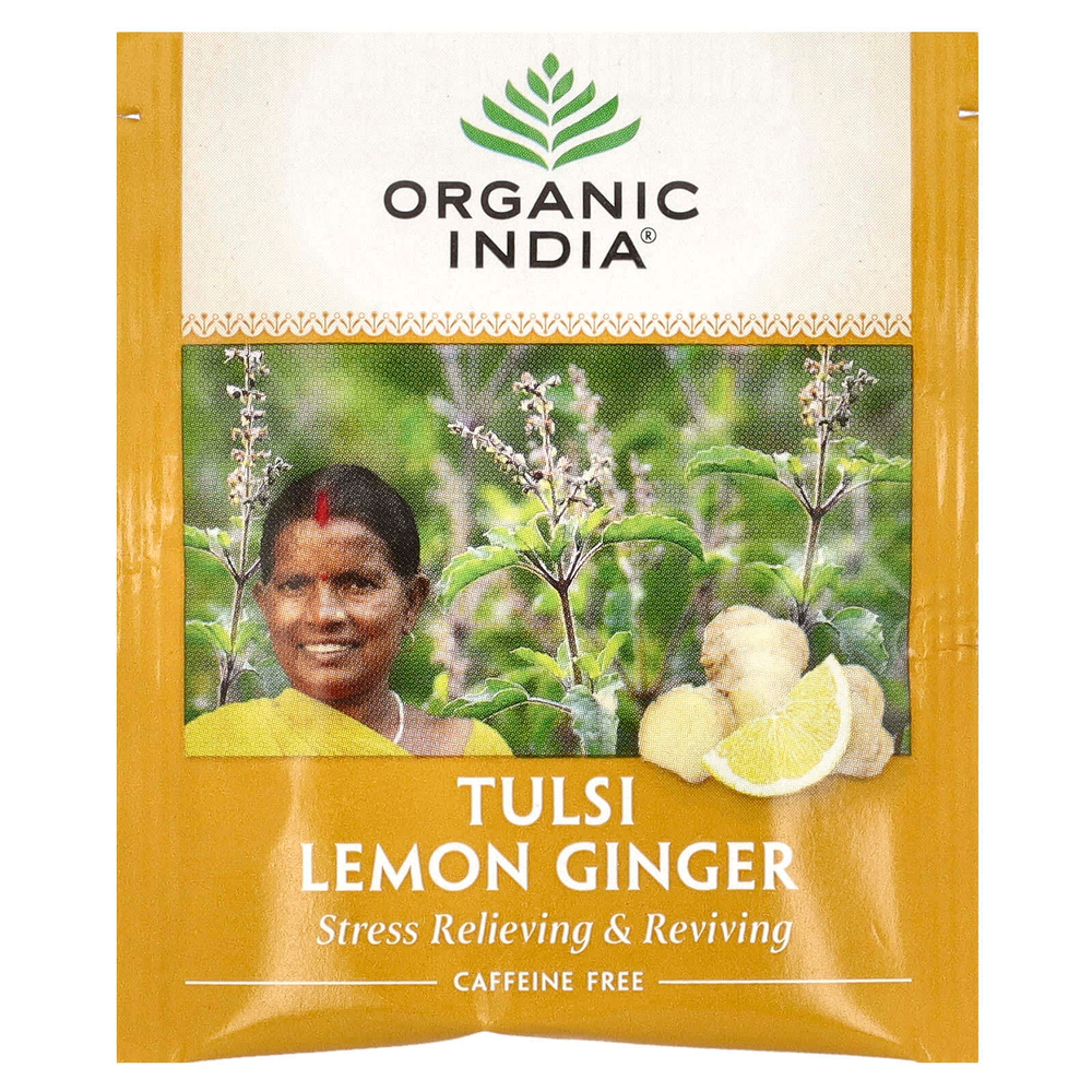 Organic India, чай с тулси, лимоном и имбирем, без кофеина, 18 пакетиков, 36 г (1,27 унции)