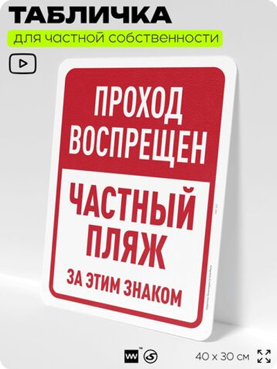 Табличка для частной территории "Проход воспрещен, частный пляж", на дом, для участка, организаций, предупреждающая, 40х30 см, Silver Plane x Айдентика Технолоджи
