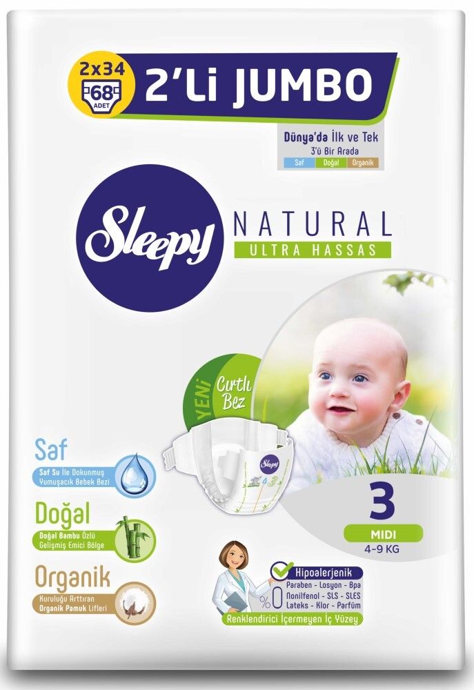 Подгузники Sleepy Natural Double Jumbo Pack Midi-68 размер 3, 4-9 кг (Турция)