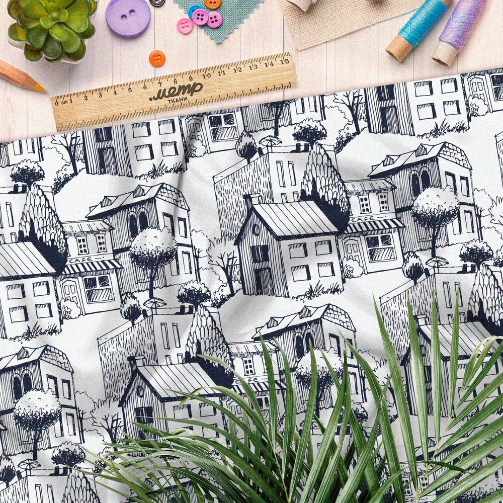 Ткань оксфорд 210 карандашные дома на белом фоне