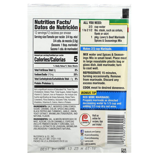 Lawry's, маринад для говядины, смесь специй и приправ, 30 г (1,06 унции)