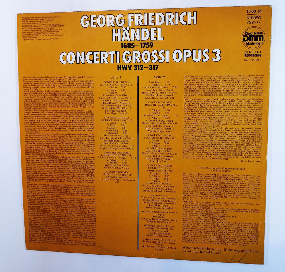 Винтажная виниловая пластинка LP Georg Friedrich Handel, Concerti Grossi Opus 3 (ГДР 1989)